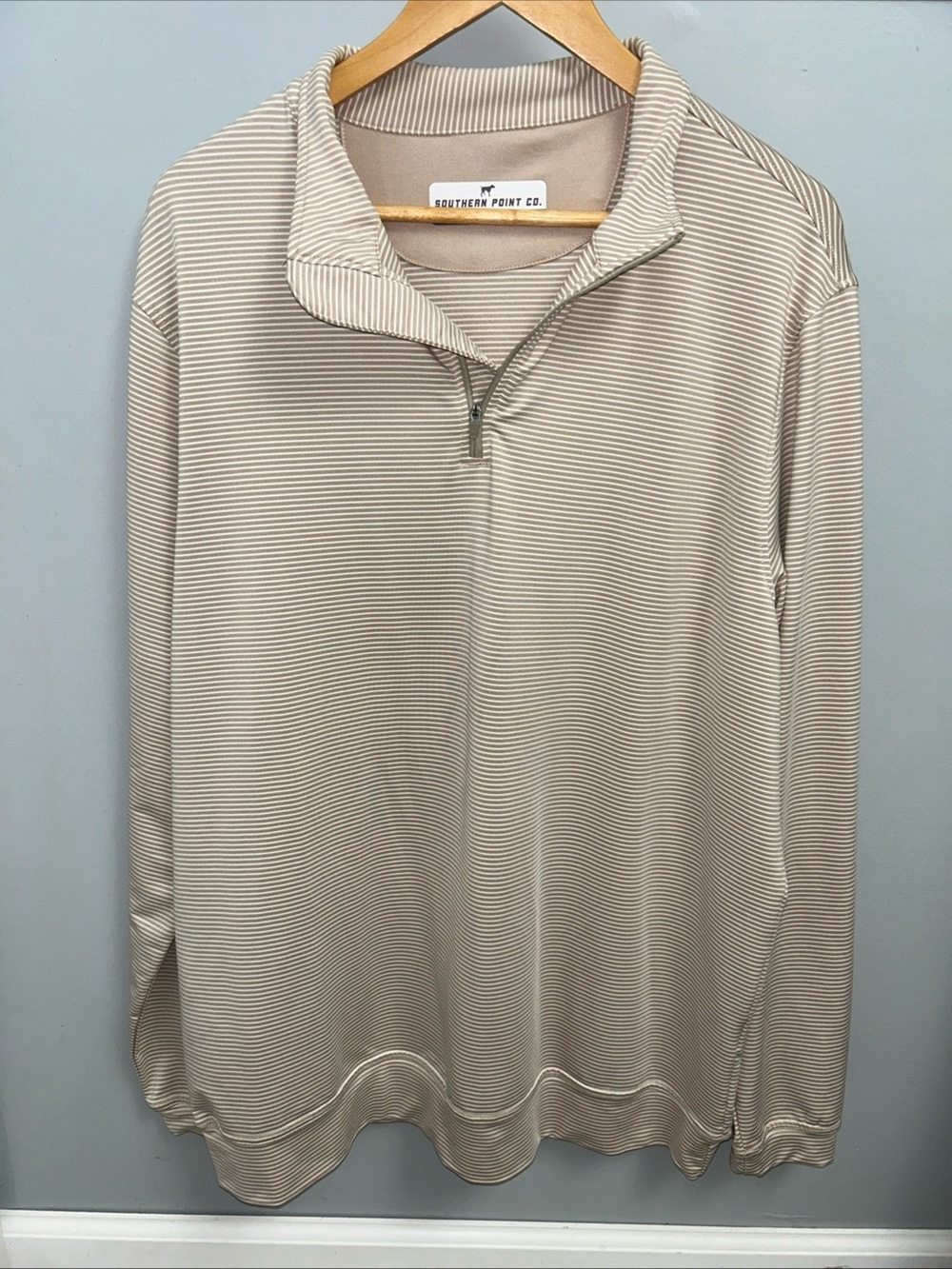 Southern Point Co. Lightweight Quarter-Zip Polo Pullover in Beige Stripe
